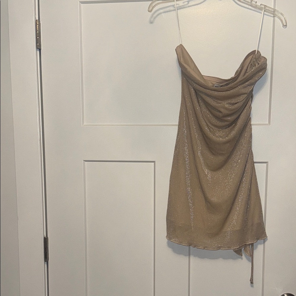 Princess Polly Gold Beige Shimmery Strapless Cowl Mini Dress